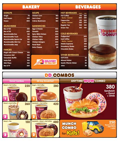 Beverages Bakery All Day Choices Pumpkin Items Seasonal items for a limited time only Latest Dunkin Donuts Menu Prices & Calories for their entire menu (Updated 2024). Including Donuts, Bagels, Angus Steak Croissant, Coolatta, Coffee and more 